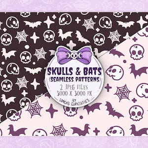Skulls and Bats Digital Paper / seamless pattern, Pastel Goth Elemente, gruselige und niedliche jpg Dateien