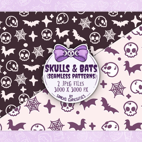 Skulls and Bats Digital Paper / seamless pattern, Pastel goth elements, spooky and cute jpg files