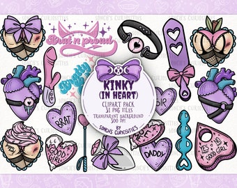 Kinky in heart Clipart set, download digitale stampabile, PNG per l'inserimento nel diario digitale, adesivi, fetish e carino