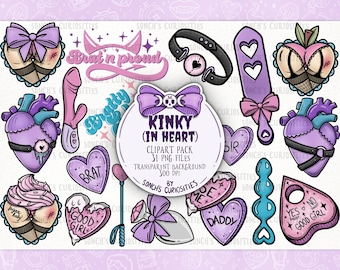 Kinky in heart Clipart set, download digitale stampabile, PNG per l'inserimento nel diario digitale, adesivi, fetish e carino