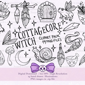 May include: A black and white digital clipart pack with a cottagecore and witch theme. The illustrations include a fairy frog, mushrooms, a crescent moon, a snail, a door, a crystal, and a mortar and pestle. The text says "COTTAGECORE WITCH CLIPART PACK 19 PNG FILES".