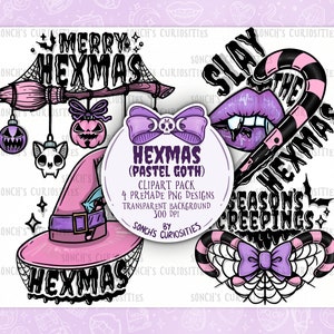 Könnte beinhalten: Ein Set aus vier digitalen Clipart-Illustrationen im Pastell-Goth-Stil mit einem Hexenhut, einem Zuckerstock, einem Spinnennetz und einem Vampirmund. Die Illustrationen enthalten den Text "Merry Hexmas", "Slay the Hexmas", "Season's Creepings" und "Hexmas (Pastel Goth)".