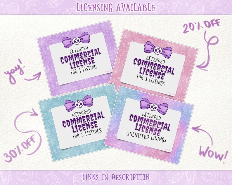 May include: Four colorful digital download cards with a cute skull and bow design. Each card offers an extended commercial license for different numbers of listings: 1, 3, 5, and unlimited. The text "20% OFF" and "30% OFF" is written on the image.