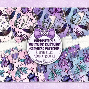 Puede incluir: Ocho patrones digitales sin costuras que presentan una variedad de insectos coloridos, incluyendo escarabajos, polillas y mariposas, con una estética gótica y caprichosa. Los patrones se establecen sobre un fondo degradado de rosa, morado y azul.