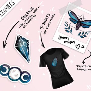 May include: A set of digital illustrations featuring a blue and black crystal, a triple moon symbol, and a moth with a skull on its back. The illustrations are ideal for stickers, t-shirts, and other merchandise.