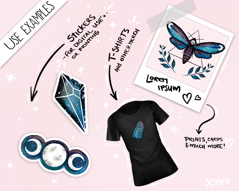 May include: A set of digital illustrations featuring a blue and black crystal, a triple moon symbol, and a moth with a skull on its back. The illustrations are ideal for stickers, t-shirts, and other merchandise.