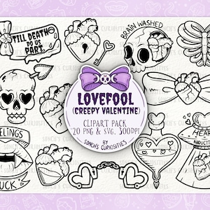 Love fool - Creepy Valentine Png en SVG / horror / ghost elementen, 20 Hoge resolutie 300 DPI PNG-bestanden, digitale planner kunst