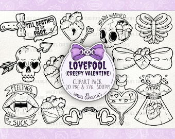 May include: A set of 20 black and white digital illustrations featuring a creepy Valentine's Day theme. The illustrations include hearts, skulls, a knife, a bow, a potion bottle, a ribcage, and a spaceship. The text "Lovefool (Creepy Valentine)" is included in the image.
