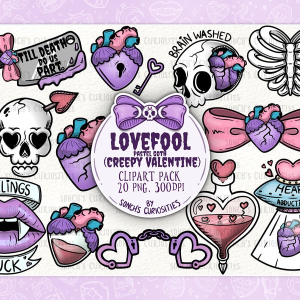 Lovefool - Pastel goth & Creepy valentine Clipart set , printable digital download, PNG for digital journaling, sticker files, POD