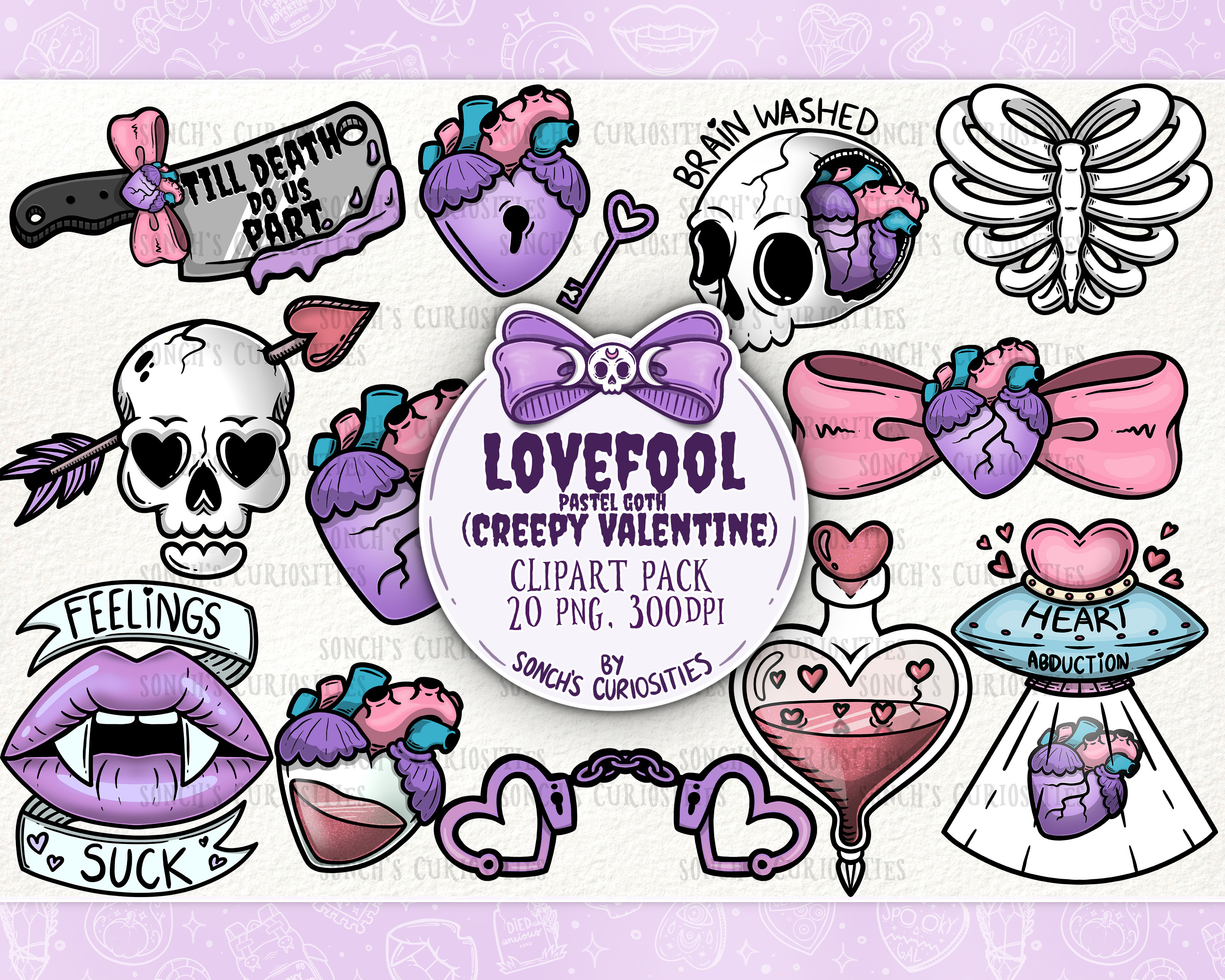 Lovefool - Pastel goth & Creepy valentine Clipart set , printable digital download, PNG for digital journaling, sticker files, POD