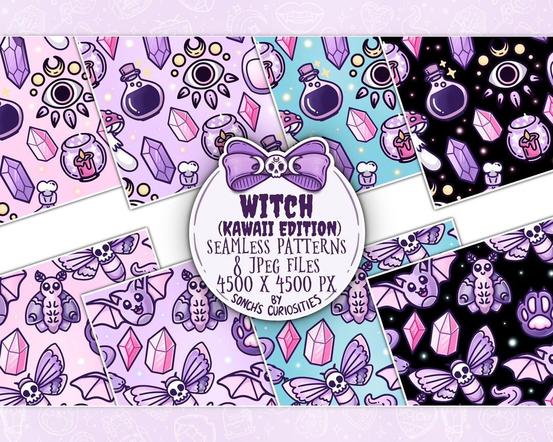 Kawaii Witch - Pastel Goth Digital Paper / Seamless Pattern, Wicca ...