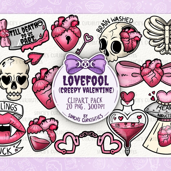 Lovefool - Creepy valentine Clipart set , printable digital download, PNG for digital journaling, sticker files, print on demand