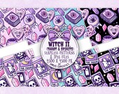 Kawaii Witch 2 - pastel goth Digital Paper / seamless pattern, tarot card deck elements, spooky and cute jpg files