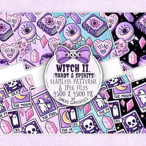 Kawaii Witch 2 - papel digital gótico pastel / patrón sin costuras, elementos de la baraja de cartas del tarot, archivos jpg espeluznantes y lindos