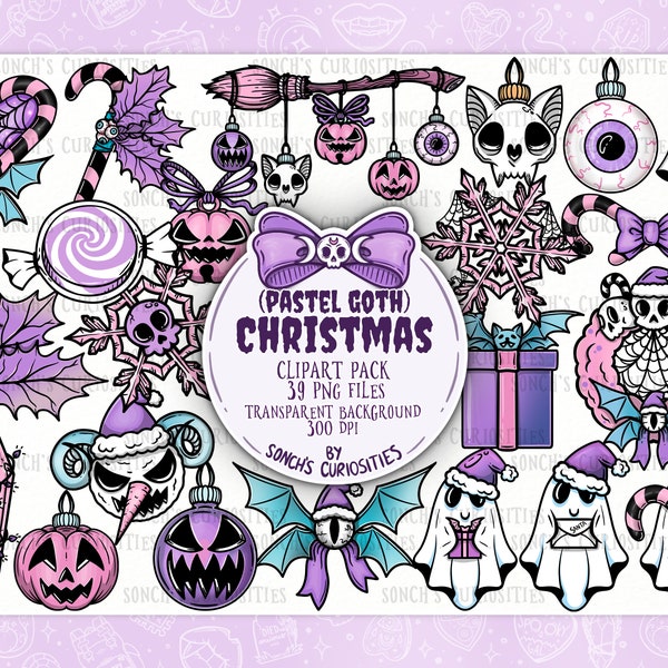 Christmas - Spooky and festive pastel goth celebration  clipart, printable digital download, PNG for sticker making, print, merch etc.