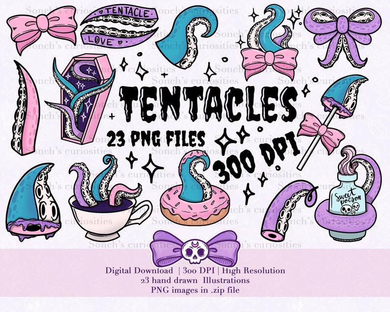 Tentakler - läskigt och sött Clipart-set, utskrivbar digital nedladdning, PNG för digital journalföring, klistermärken, växtkraft bild 1