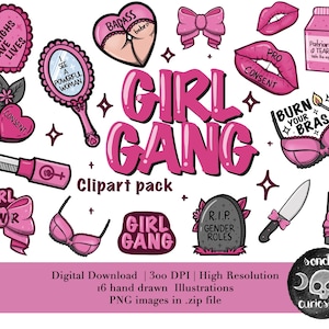 Girl Gang Feministisches Clipart Pack, druckbarer digitaler Download, PNG für digitales Journaling, Sticker