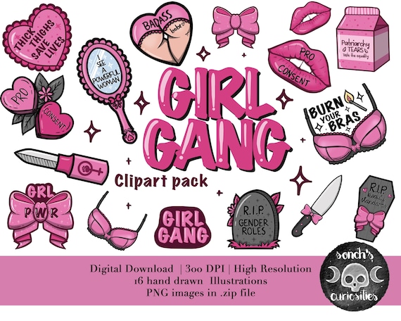 Girl Gang Feminist Empowering Clipart Pack, Printable Digital Download, PNG  for Digital Journaling, Stickers 