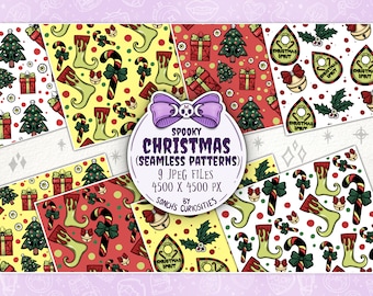 May include: Nine digital seamless patterns featuring a spooky Christmas theme. The patterns include candy canes, elf shoes, Christmas trees, presents, and a Ouija board with the text "Christmas Spirit".