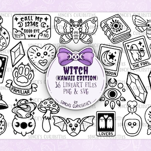 Kawaii Hexe Lineart, druckbarer digitaler Download, PNG und SVG für digitales Journaling, Aufkleber, Wald Wicca, Lasergravur