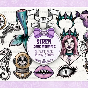 Sirene - Dark Meerjungfrau Clipart Pack, druckbarer digitaler Download, PNG für digitales Journaling, Aufkleber