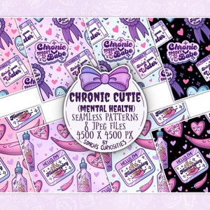 May include: Eight digital seamless patterns featuring a pink, purple and blue colour scheme with various illustrations including hearts, stars, a brain, a bottle of hot sauce, and the text "Chronic Spooky Babe" and "Neuro Spicy".