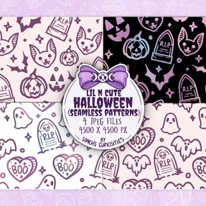May include: Four seamless digital patterns featuring cute Halloween illustrations in a purple and white color scheme. The patterns include ghosts, bats, pumpkins, hearts, and tombstones with the text "RIP" and "BOO".