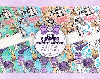 May include: Eight digital seamless patterns featuring a gothic summer theme. The patterns include images of a beach shack, a surfboard, a skull, a ghost, a campfire, a backpack, a mug, and a moon. The patterns are in a variety of colors, including blue, green, pink, and yellow.