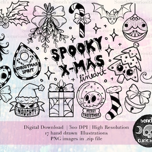 Spooky Christmas lineart clipart, tree, present, decorations elements, 17 High resolution  300 DPI PNG files, digital planner art