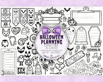 Halloween planning -  LINEART - digital planner clipart, icons with sticky notes, pastel goth style, engraving line work