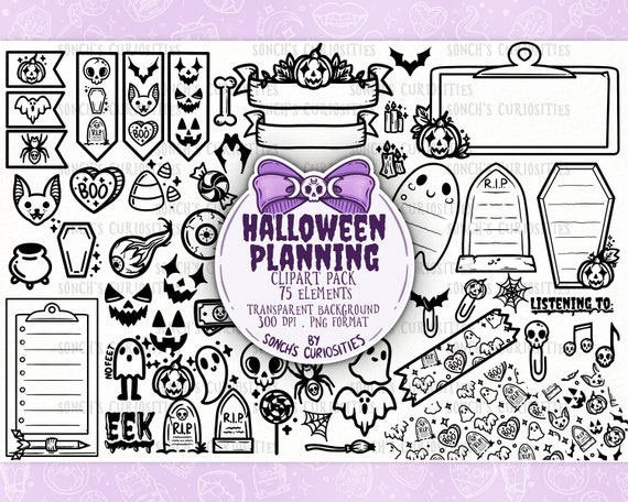 Halloween planning -  LINEART - digital planner clipart, icons with sticky notes, pastel goth style, engraving line work