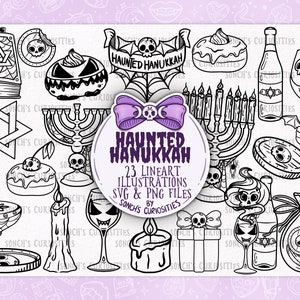 Hanoukka hantée - célébrations juives effrayantes, ensemble linéaire de menorah effrayant pour la gravure au laser, pages à colorier, autocollants numériques, SVG et PNG