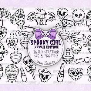 Kawaii und Spooky Girl Lineart Set, Pastell Goth druckbare digitaler Download, PNG & SVG für digitales Journaling, Aufkleber, Lasergravur