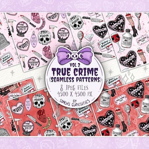 Puede incluir: Ocho patrones digitales sin costuras con ilustraciones de temática de crímenes reales. Los patrones son rosa y rojo con contornos negros e incluyen imágenes de una calavera, un corazón, una copa de vino, una botella de veneno, una cuchara ensangrentada, una lápida, un arma homicida y una cinta de la escena del crimen. El texto "True Crime" y "Vol. 2" se encuentra en el centro de la imagen.