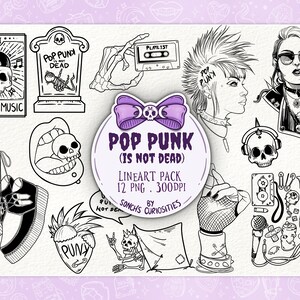 May include: A set of 12 black and white line art illustrations on a white background. The illustrations are themed around pop punk music and include a skull with headphones, a cassette tape, a microphone, a pair of platform shoes, a skull with a mouth open, a tombstone with the words "Pop Punk is Not Dead", a skeleton with a guitar, a hand with a fist, a girl with a mohawk, and a girl with sunglasses.