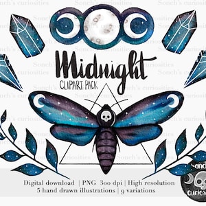 Nacht Aquarell Celestial Clipart Pack | Png 300dpi Datei Mottenschädel Start Mond Halbmond gruselig