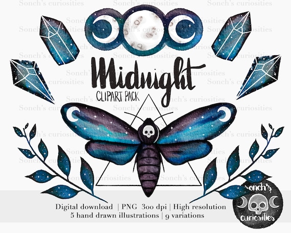 Midnight watercolour celestial clipart pack | Png 300dpi file moth skull start moon crescent spooky
