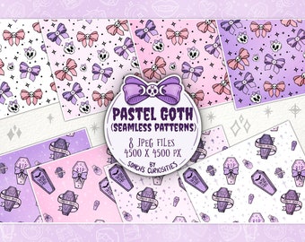 May include: Eight pastel goth seamless patterns featuring skulls, bows, coffins, and stars. The patterns are in shades of pink, purple, and white. The text "Pastel Goth (Seamless Patterns)" is in a purple banner with a skull and bow.
