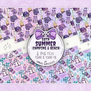 以下が含まれることがあります： ゴシックな夏のテーマで、キャンプとビーチのモチーフをフィーチャーした、8つのデジタルペーパーパターン。パターンには、キャンピングカー、キャンプファイヤー、テント、サーフボード、アイスクリームコーン、スカルなどの画像が含まれています。パターンは、パープル、ピンク、ブルーのシェードで構成されています。
