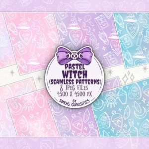 May include: Eight seamless digital paper patterns featuring a pastel color palette with white outlines of witchy illustrations, including crystals, potions, moons, eyes, and a witch's hat. The text "Pastel Witch (Seamless Patterns)" is in a purple banner with a skull and bow.