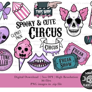 Conjunto de clipart CIRCUS assustador e fofo, download digital para impressão, PNG para diário digital, adesivos