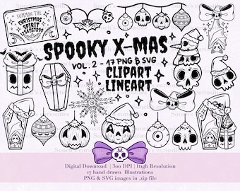 Spooky Christmas lineart clipar Volume 2 SVG, present, decorations elements, 17 High resolution  300 DPI PNG files, digital planner art