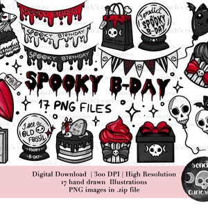 Goth Birthday / spooky &schattig / horror elementen, 300 DPI PNG-bestanden, digitale planner kunst