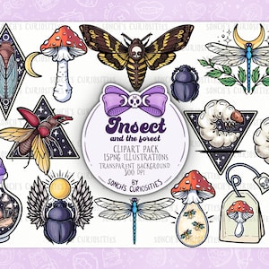Insekt und Wald Clipart, druckbare digitale Datei zum Downloaden, PNG für digitales Journaling, Aufkleber, Wald Wicca, Waldhaus Kern