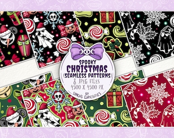 May include: Eight spooky Christmas seamless patterns featuring a variety of festive elements, including candy canes, skulls, ghosts, pumpkins, and snowflakes. The patterns are in black, white, red, and green.