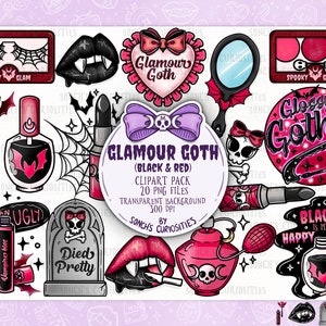 Glamour Goth (clásico negro y rojo) clipart, elementos de calabaza / horror / fantasma dibujados a mano, archivos PNG de 20 x 300 DPI, planificador digital