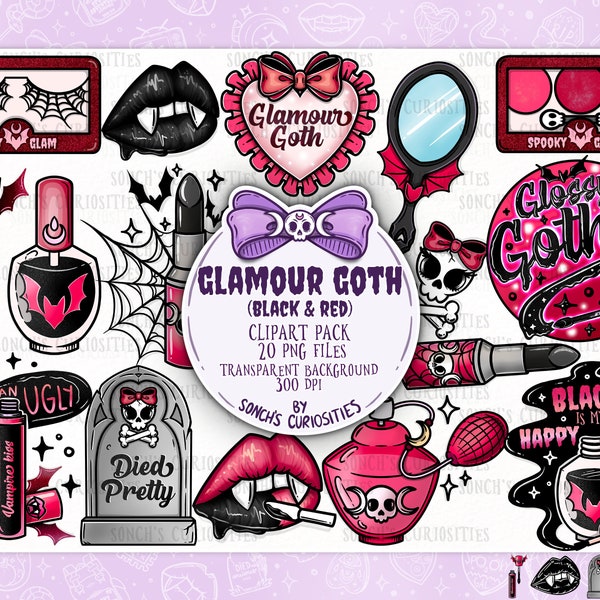 Glamour Goth (Classical black and red)  clipart, hand drawn pumpkin / horror / ghost elements, 20 x  300 DPI PNG files, digital planner