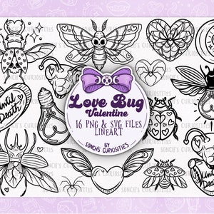 Op de afbeelding: Een set van 16 zwart-witte lijntekeningen van insecten en harten met de tekst "Love Bug Valentine" en "Until Death" in een hart.