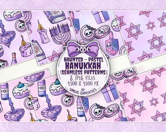 May include: Eight pastel purple and pink seamless patterns featuring spooky Hanukkah illustrations. The patterns include menorahs, dreidels, candles, donuts, and stars of David.