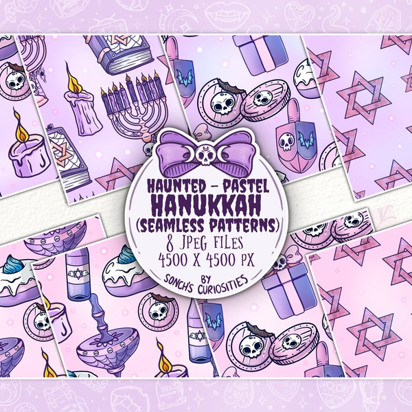 Haunted Hanukkah - Pastel  Digital Paper / seamless pattern, spooky Jewish Holiday elements, spiderwebs and   skulls jpg files